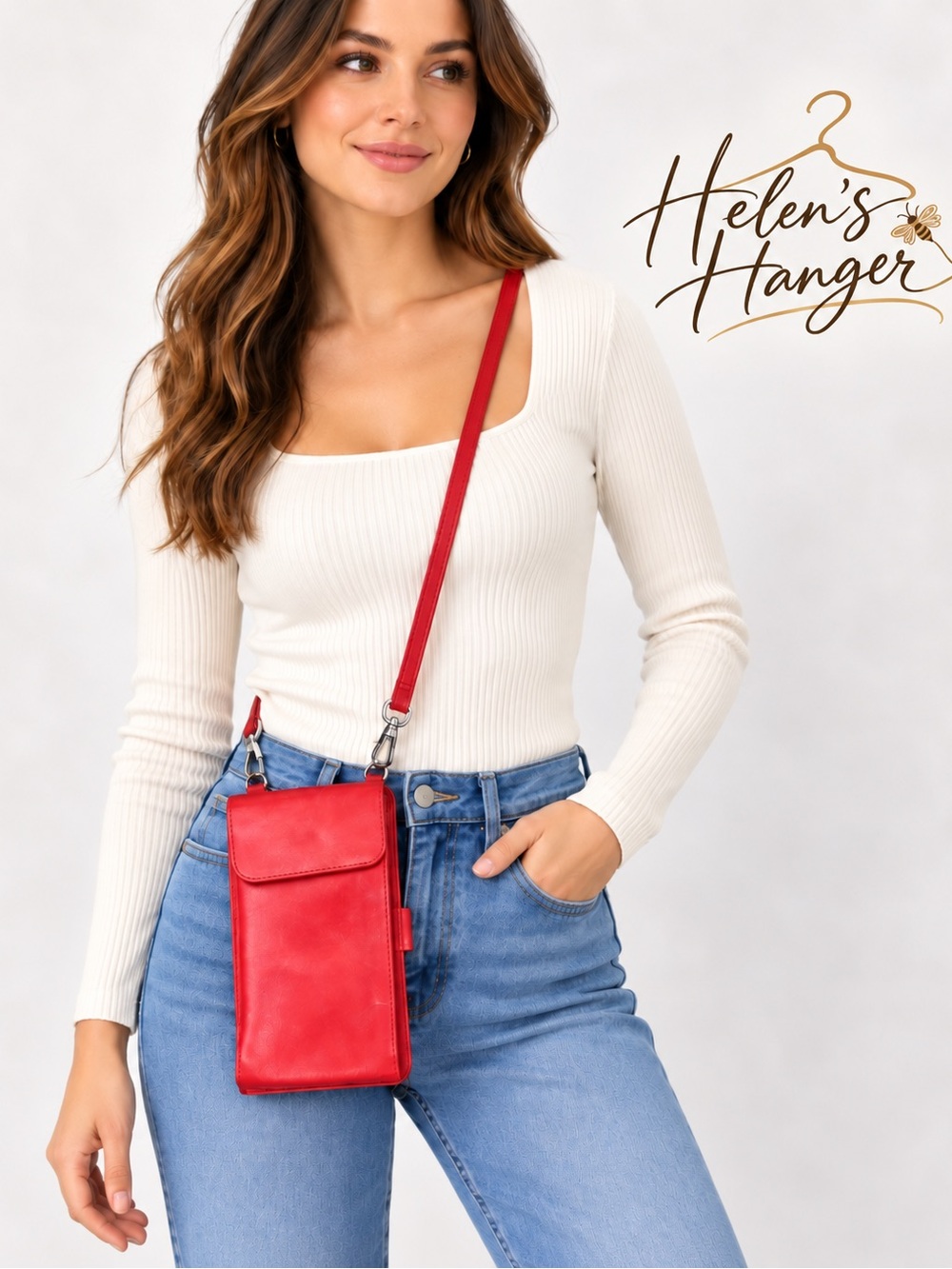 Red Phone Wallet Crossbody Bag Adjustable Strap Organizer Purse